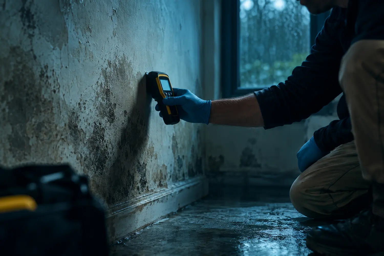 Restoration professional inspecting a wall